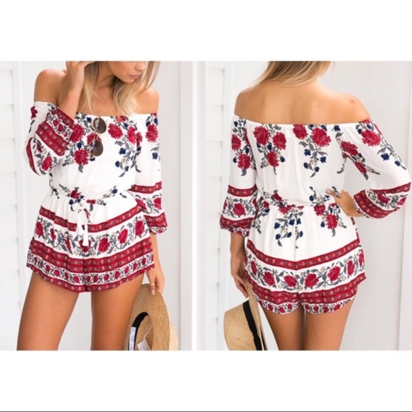 Floral Off the Shoulder Long Sleeve Romper - Picture 1 of 6